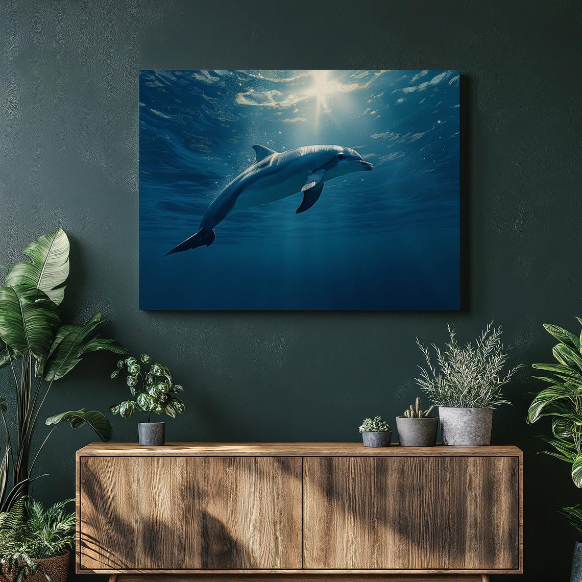 Dolphin Swimming Underwater Sun Rays Deep Blue Ocean Wildlife Poster
