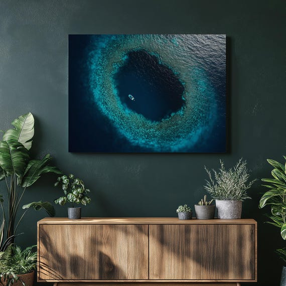 Great Blue Hole Aerial Canvas Art Belize Coral Reef Wall Decor Tropical Ocean Photography With Boat View Coastal Green Print