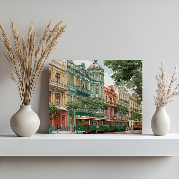 Vintage Tram Cityscape Canvas Wall Art Historic Architecture Print Colorful Street Painting Urban Travel Decor Pastel Facade Gift