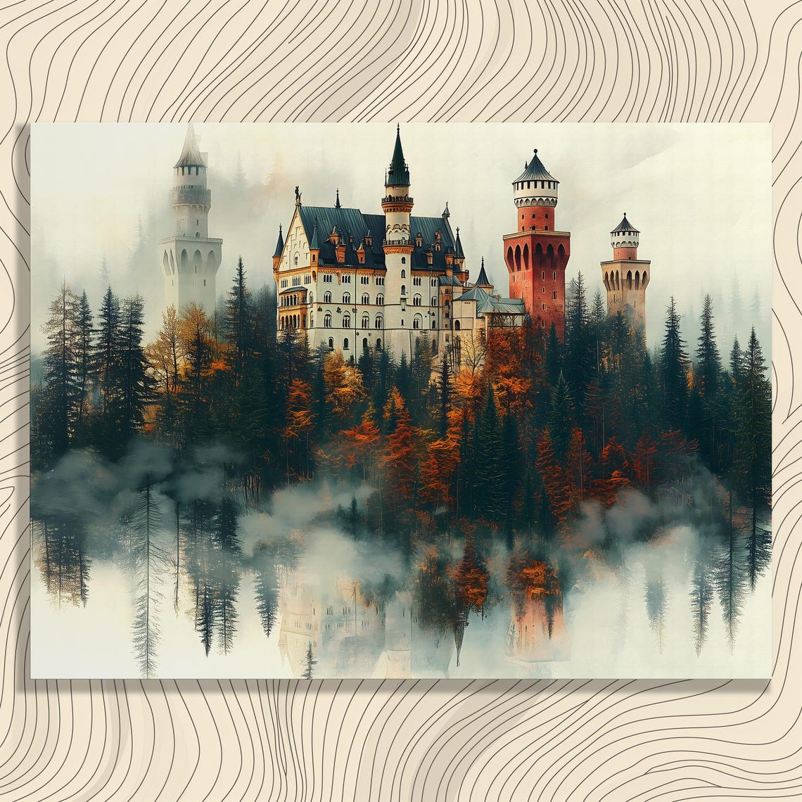 Misty Fairytale Castle In Autumn Forest Poster With Water Reflection