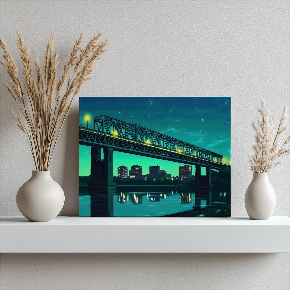 Little Rock Bridge Canvas Wall Art Night City Skyline Reflections