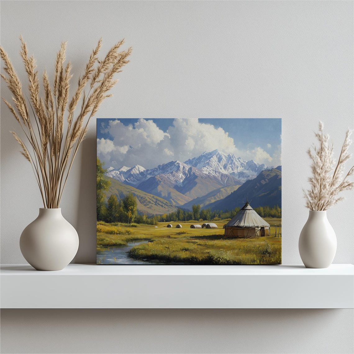 Mountain Yurt Valley Meadow Steppe Oil Painting Landscape Poster