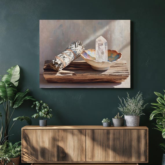 Sage Smudge Quartz Canvas Wall Art Boho Decor Healing Crystals White Clear Abalone Shell Driftwood Spiritual Gift Meditation