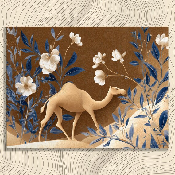 Camel In Desert Garden With White Flowers Blue Leaves Wall Art