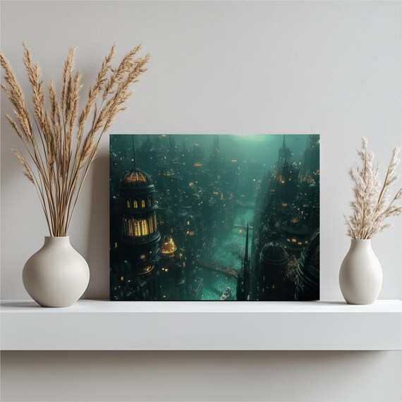 Underwater City Steampunk Fantasy Teal Ocean Lightscape Poster
