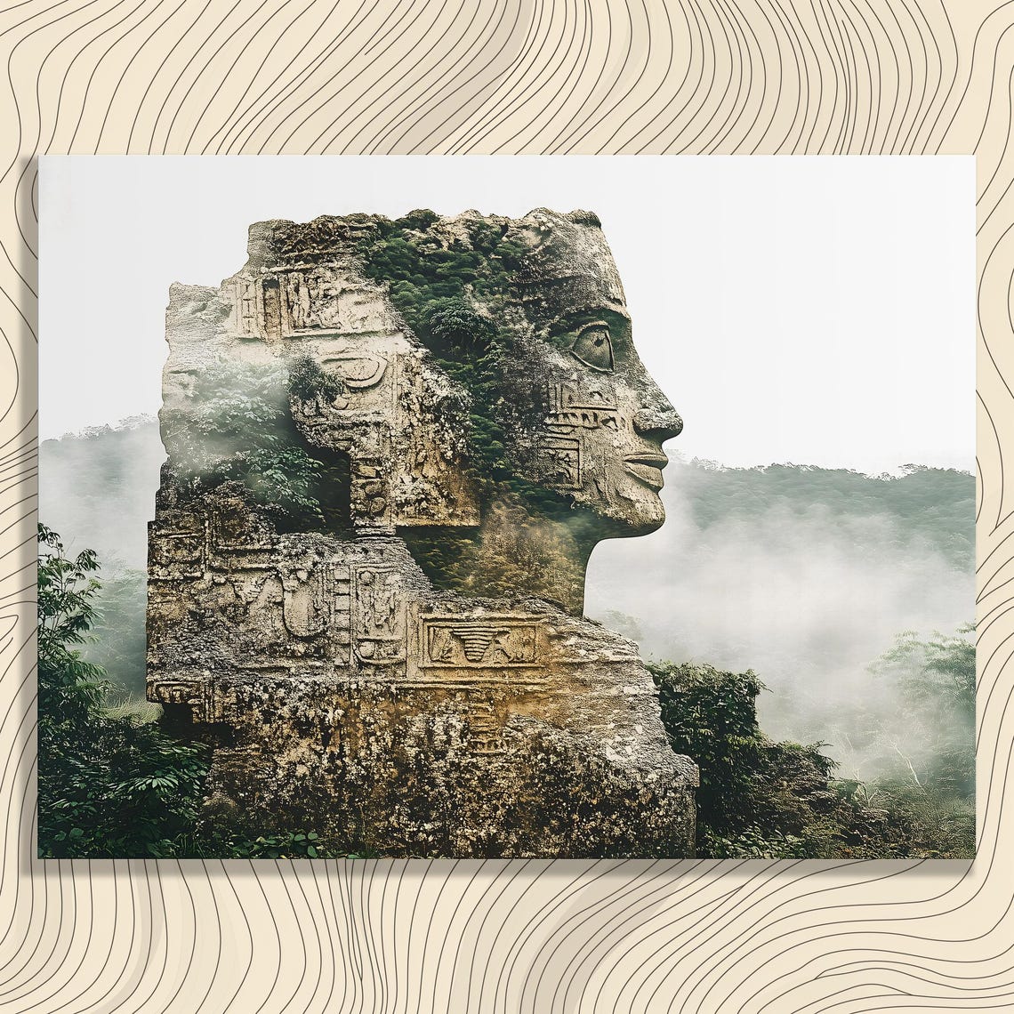 Ancient Stone Face Sculpture Misty Forest Carved Ruins Mystery Poster