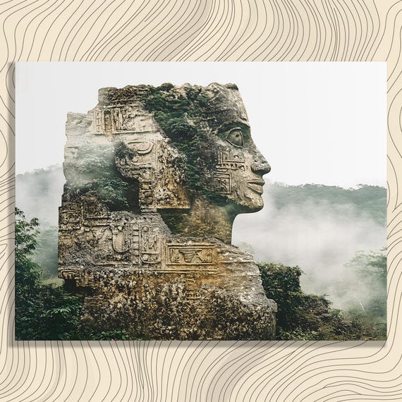 Stone Face Canvas Wall Art Vintage Inspired Forest Sculpture Print Rustic Mossy Decor For History Buffs And Enthusiasts