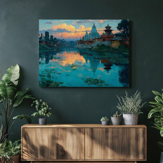 Riverside Temple Sunset Pagoda Water Lilies Landscape Art Poster