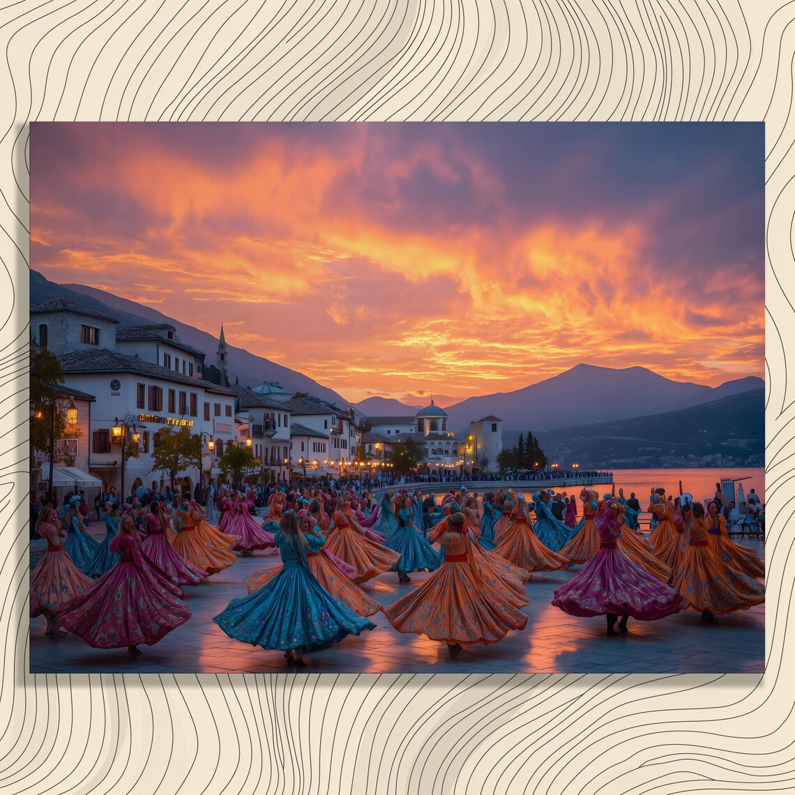 Folk Dancers Waterfront Sunset Colorful Skirts Festival Poster