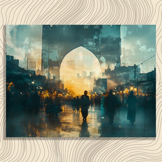 Vibrant Canvas Wall Art Sunset Market Archway Urban Impressionist Decor Painting Print Boho Scene With Vendors Evening Lights