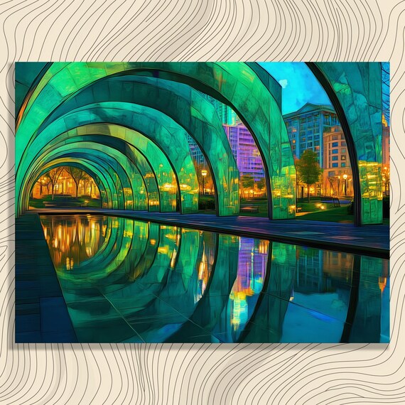 Green Glass Arches Night Tunnel City Reflection Modern Art Poster