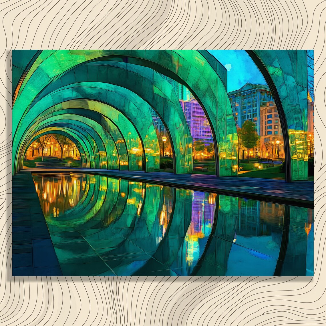 Green Glass Arches Night Tunnel City Reflection Modern Art Poster