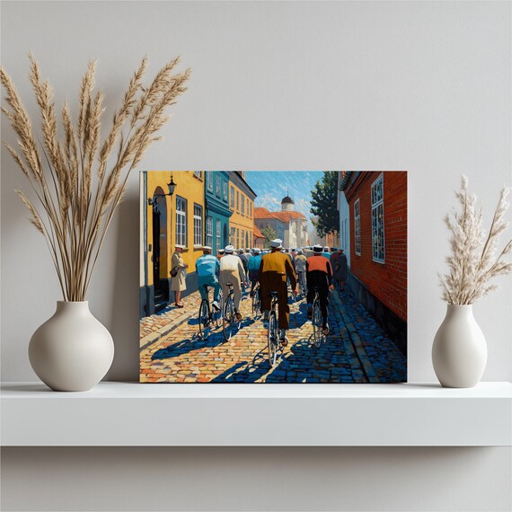 Colorful Bicycle Parade Canvas Wall Art European Street Historic Buildings Summer Sunlight Impressionist Urban Landscape Travel Decor