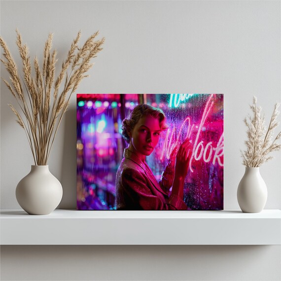 Neon City Portrait Canvas Wall Art Film Noir Lights Rainy Window Reflection Colorful Cityscape Modern Decor Gift For Teens