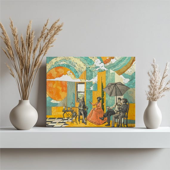 Victorian Tea Party Canvas Wall Art Whimsical Parlor With Cosmic Sun Checkerboard Floor Umbrella And Afternoon For Inspired Decor