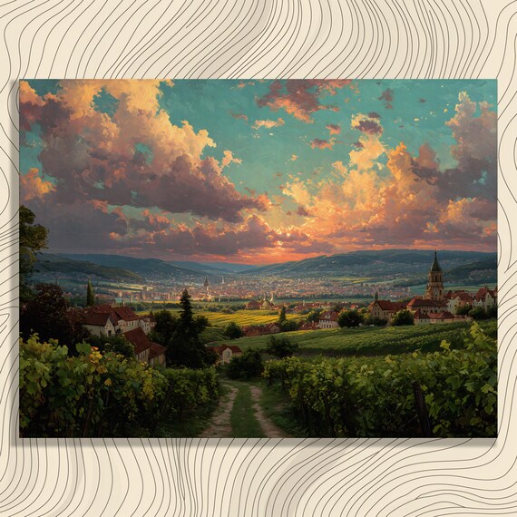 Vineyard Sunset Path Over Village Golden Hour Landscape Poster
