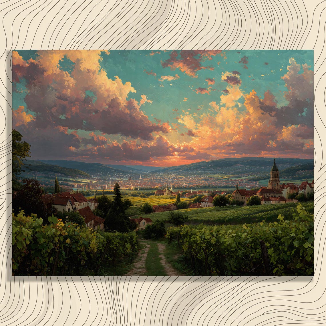 Vineyard Sunset Path Over Village Golden Hour Landscape Poster