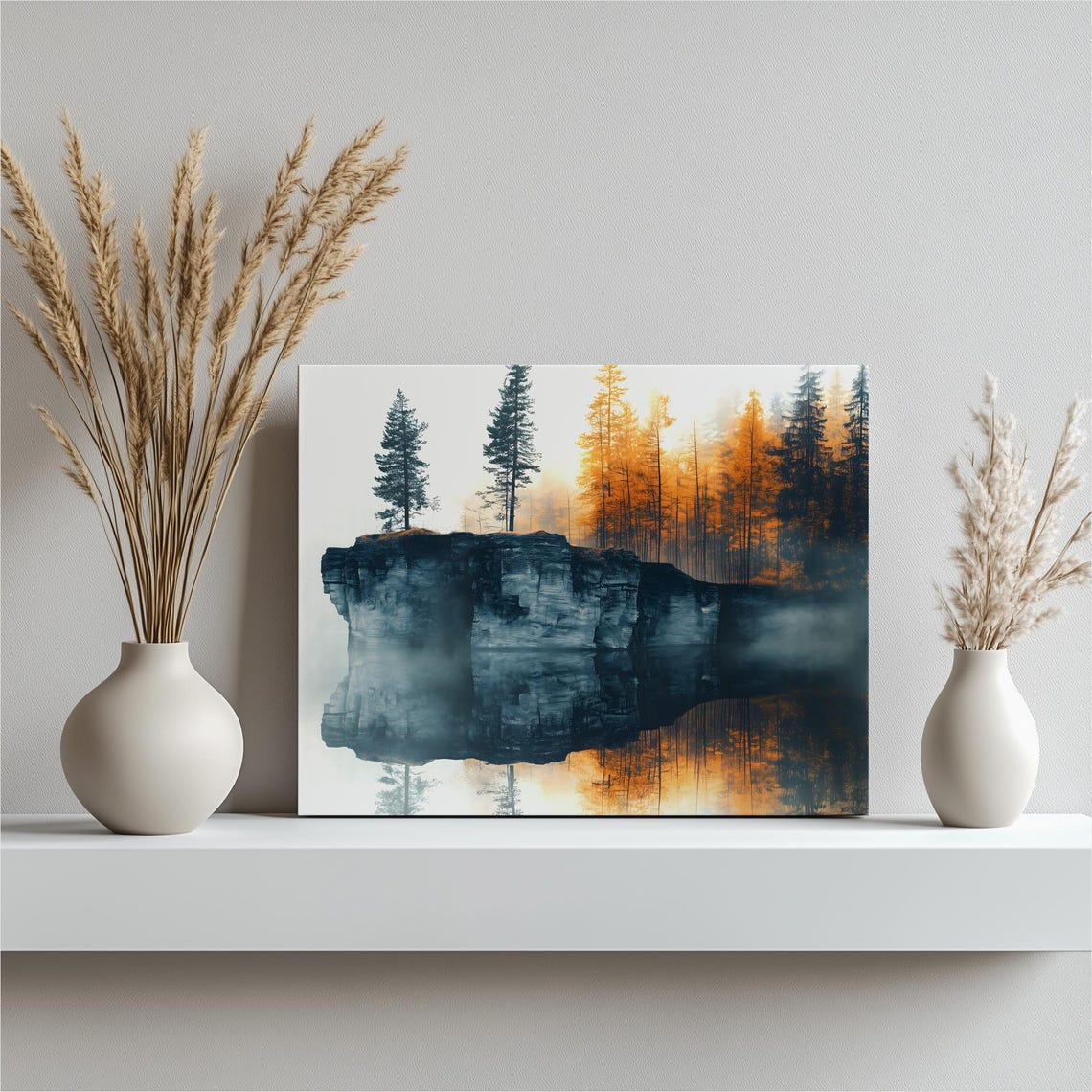 Misty Cliff and Forest with Mirror Reflection Autumn Lake Wall Art