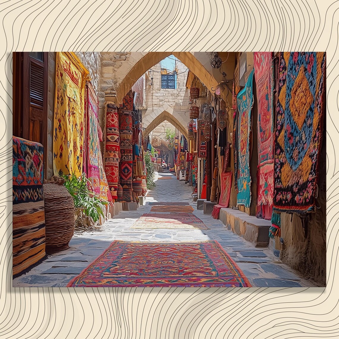 Vibrant Middle Eastern Bazaar Alley Colorful Hanging Rugs Market Poster