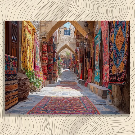 Vibrant Middle Eastern Bazaar Alley Colorful Hanging Rugs Market Poster