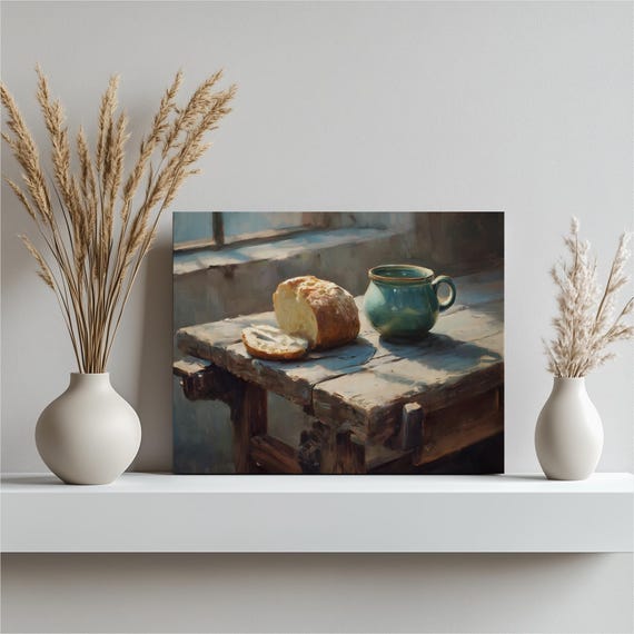Fresh Bread Loaf Canvas Wall Art Rustic Farmhouse Print Green Ceramic Mug Still Life Painting Decor Lovers Gift
