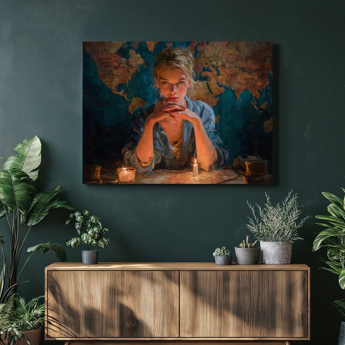 Candlelit Woman Before World Map Impressionist Portrait Wall Art