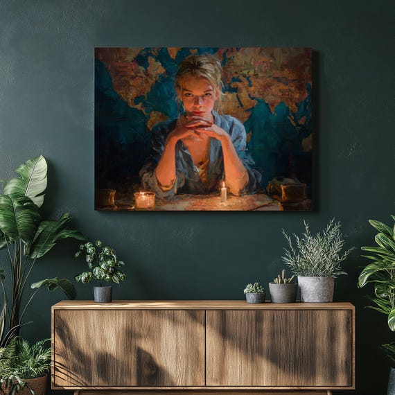 Candlelit World Map Canvas Wall Art Impressionist Portrait Travel Decor Adventure Print Wanderlust Gift Dark Painting Fine