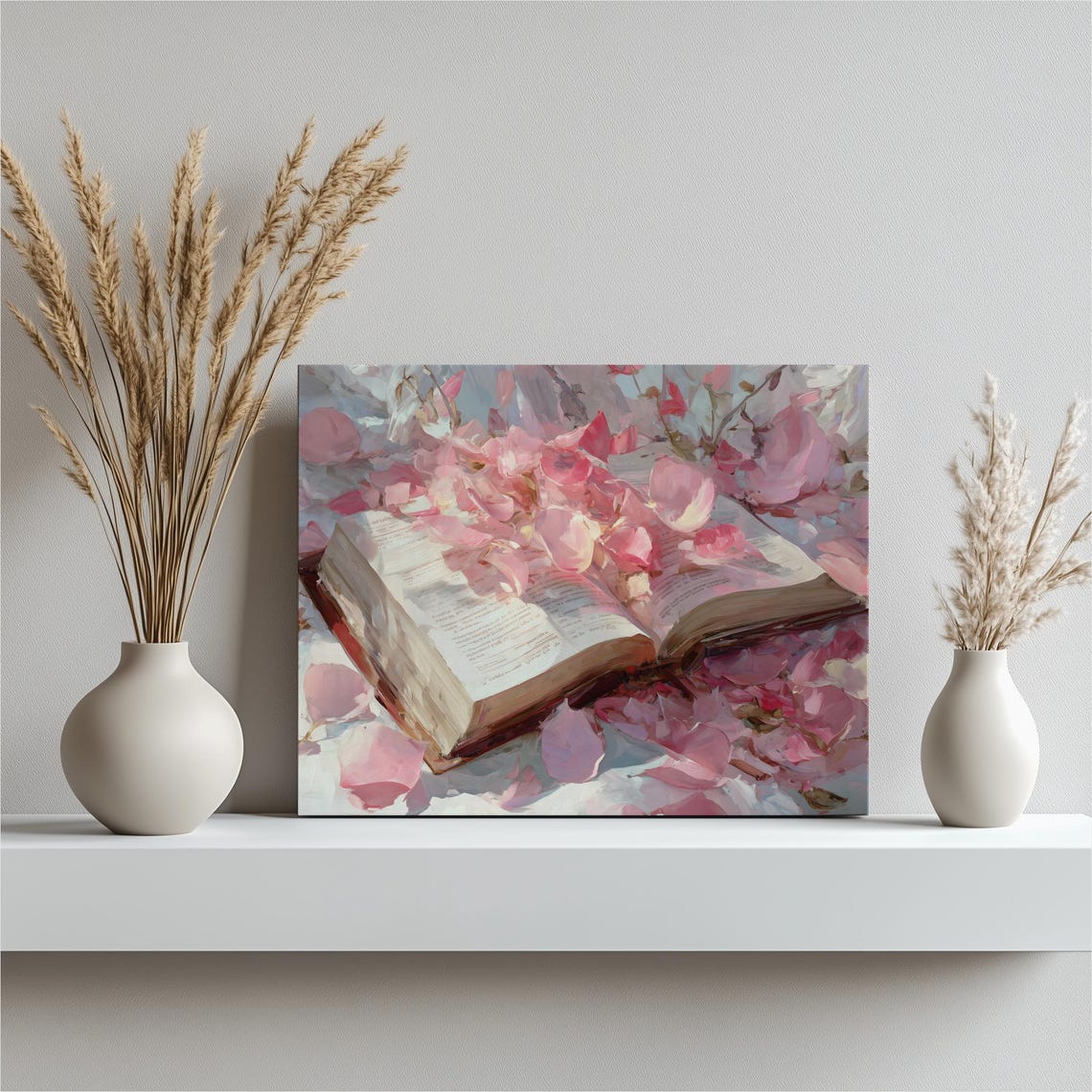 Open Book with Pink Flower Petals Romantic Floral Still Life Wall Art