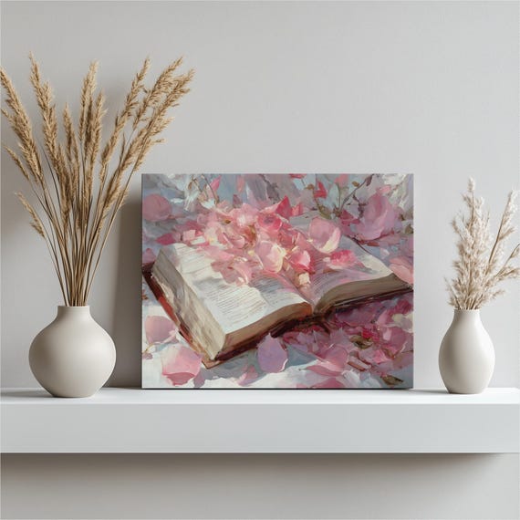 Dreamy Open Book Canvas Wall Art Romantic Floral Still Life Print With Flower Petals Botanical Lovers Gift Literature