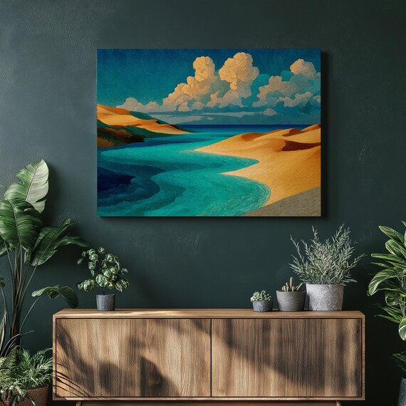 Golden Dunes Turquoise Sea Stylized Coastal Painting Clouds Canvas Wall Art
