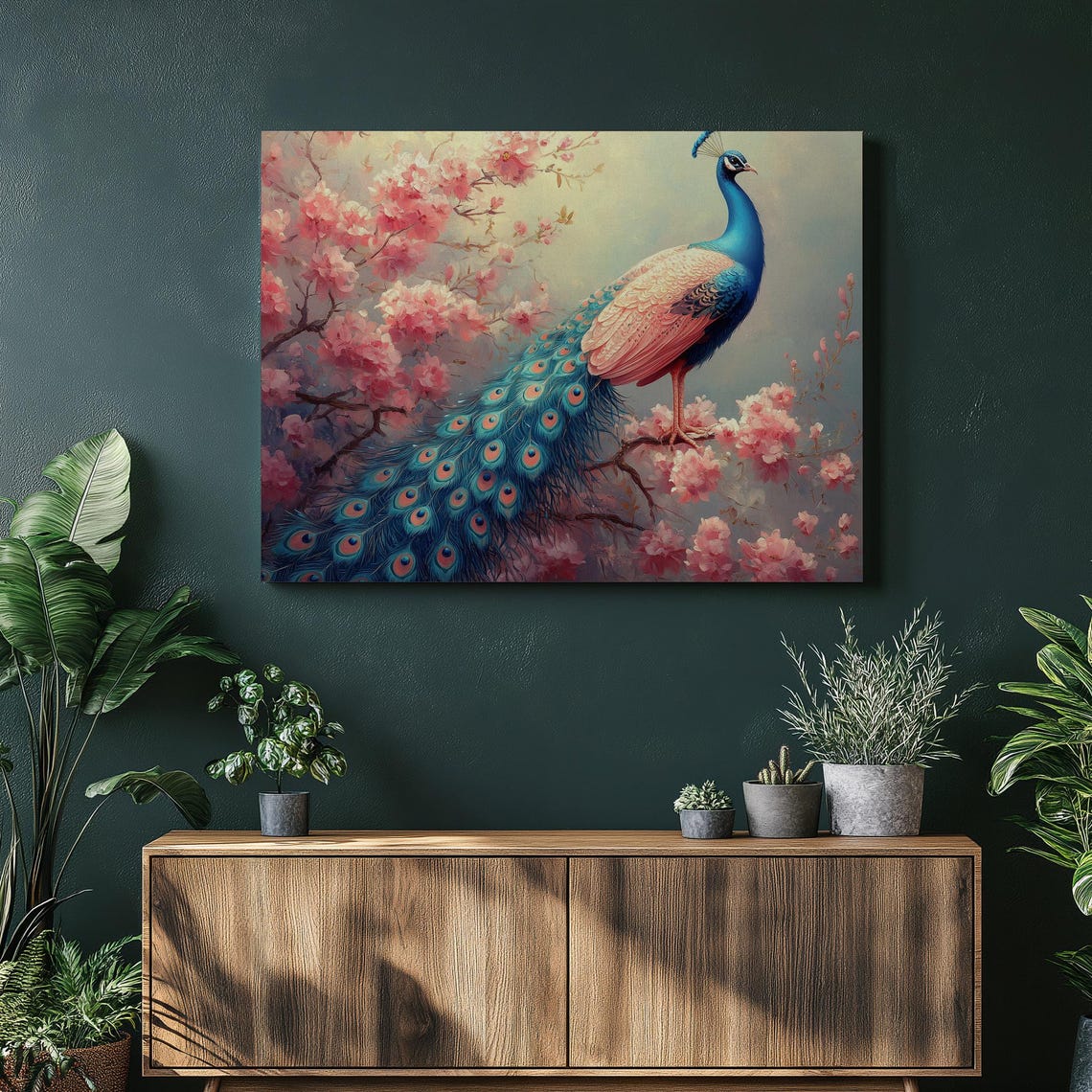 Peacock Pink Cherry Blossoms Dreamy Bird Portrait Springtime Wall Art