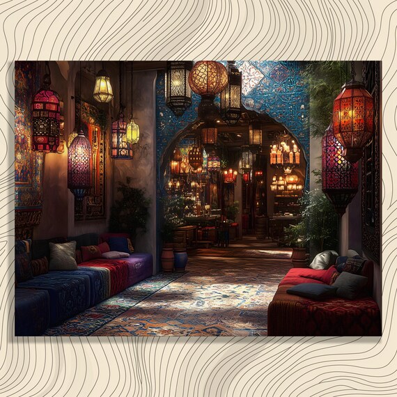 Vibrant Lanterns Canvas Wall Art Boho Patterned Fabrics Tapestry Print For Home Decor With Middle Eastern Islamic Patterns And Textiles