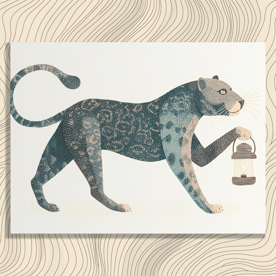 Minimalist Leopard Holding Lantern Teal Big Cat Illustration Wild Art Poster