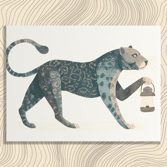 Minimalist Leopard Lantern Canvas Wall Art Teal Big Cat Illustration Wildlife Print Modern Jungle Decor Mid Century Style Animal Artwork