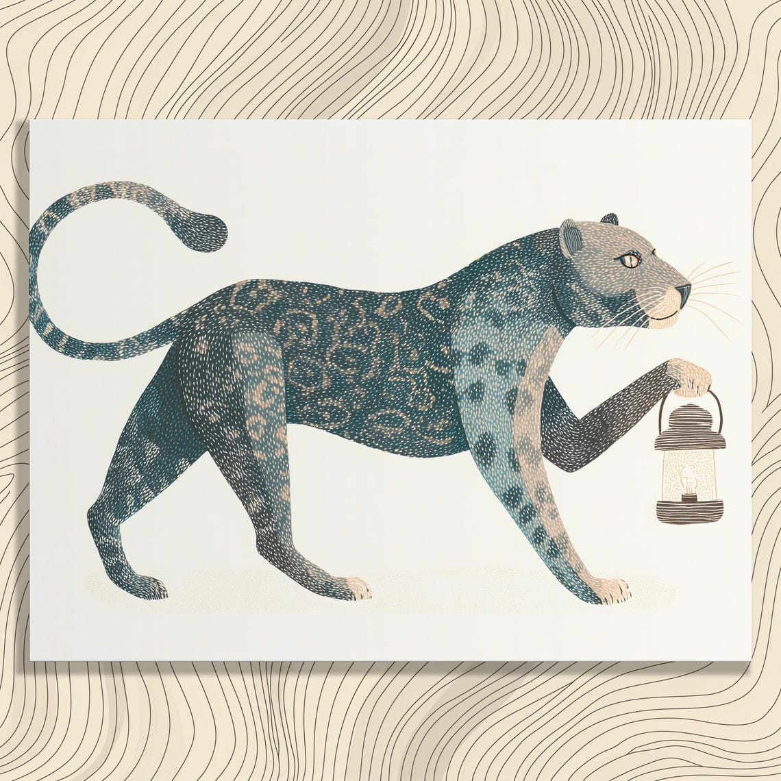Minimalist Leopard Lantern Canvas Wall Art Teal Big Cat Illustration Wildlife Print Modern Jungle Decor Mid Century Style Animal Artwork