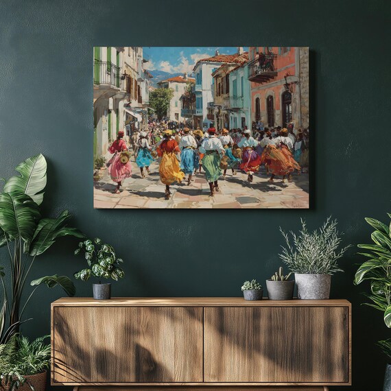 Colorful Festival Dancers Mediterranean Old Town Street Print