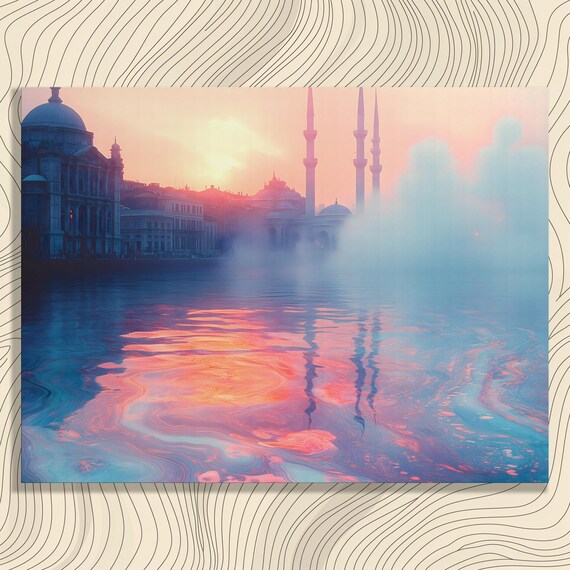 Dreamy Mosque Cityscape Canvas Wall Art Misty Water Reflection Print Pink Blue Skyline Watercolor Painting Modern