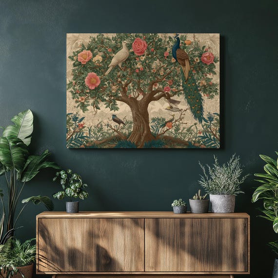 Peacock Botanical Canvas Wall Art Tropical Chinoiserie Floral Tree Print Vintage Garden Decor Bird Artwork Lush Greenery Nature Inspired