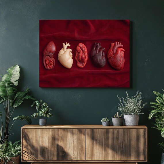 Vintage Anatomical Hearts Specimen Row On Dark Red Medical Art Print