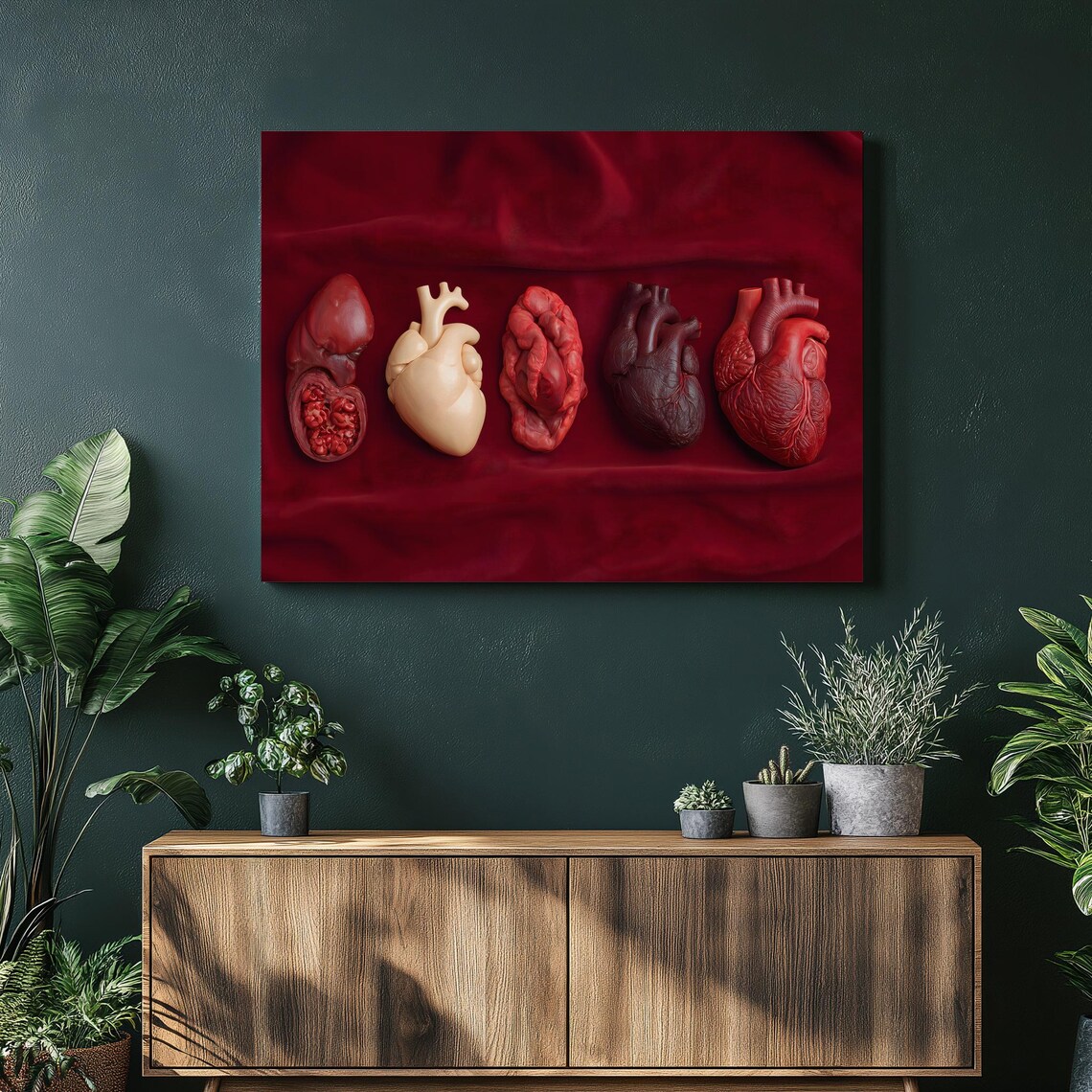 Vintage Anatomical Hearts Specimen Row On Dark Red Medical Art Print