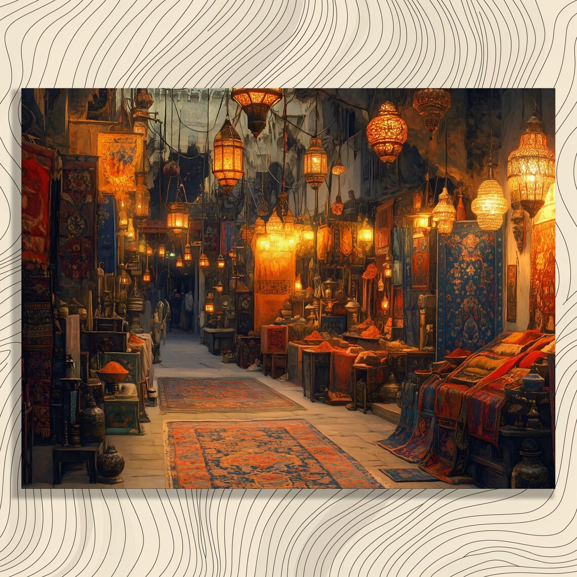 Glowing Lantern Lit Middle Eastern Souk Market Street Night Art Poster