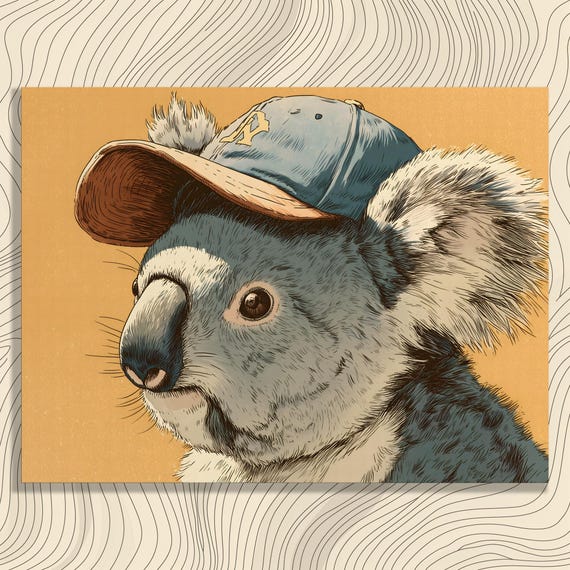 Koala Canvas Wall Art Modern Wildlife Illustration Print With Blue Hat Animal Portrait Nature Nursery Decor Gray Yellow Home Gift