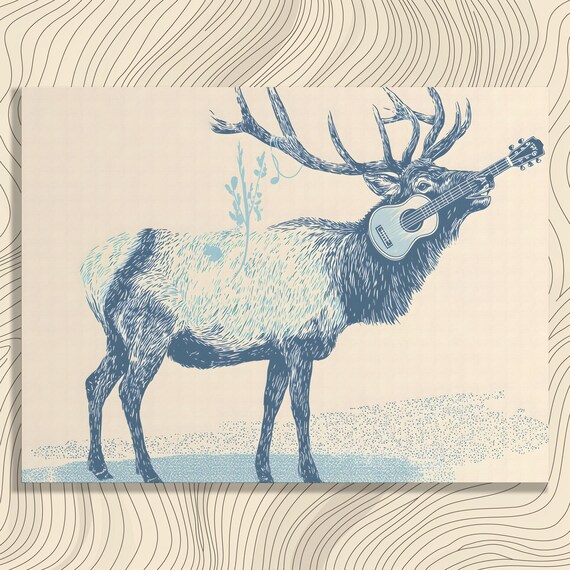 Deer Guitar Canvas Wall Art Minimalist Wildlife Print Modern Woodcut Style Music Decor Nature Inspired Animal Blue Beige Antlers