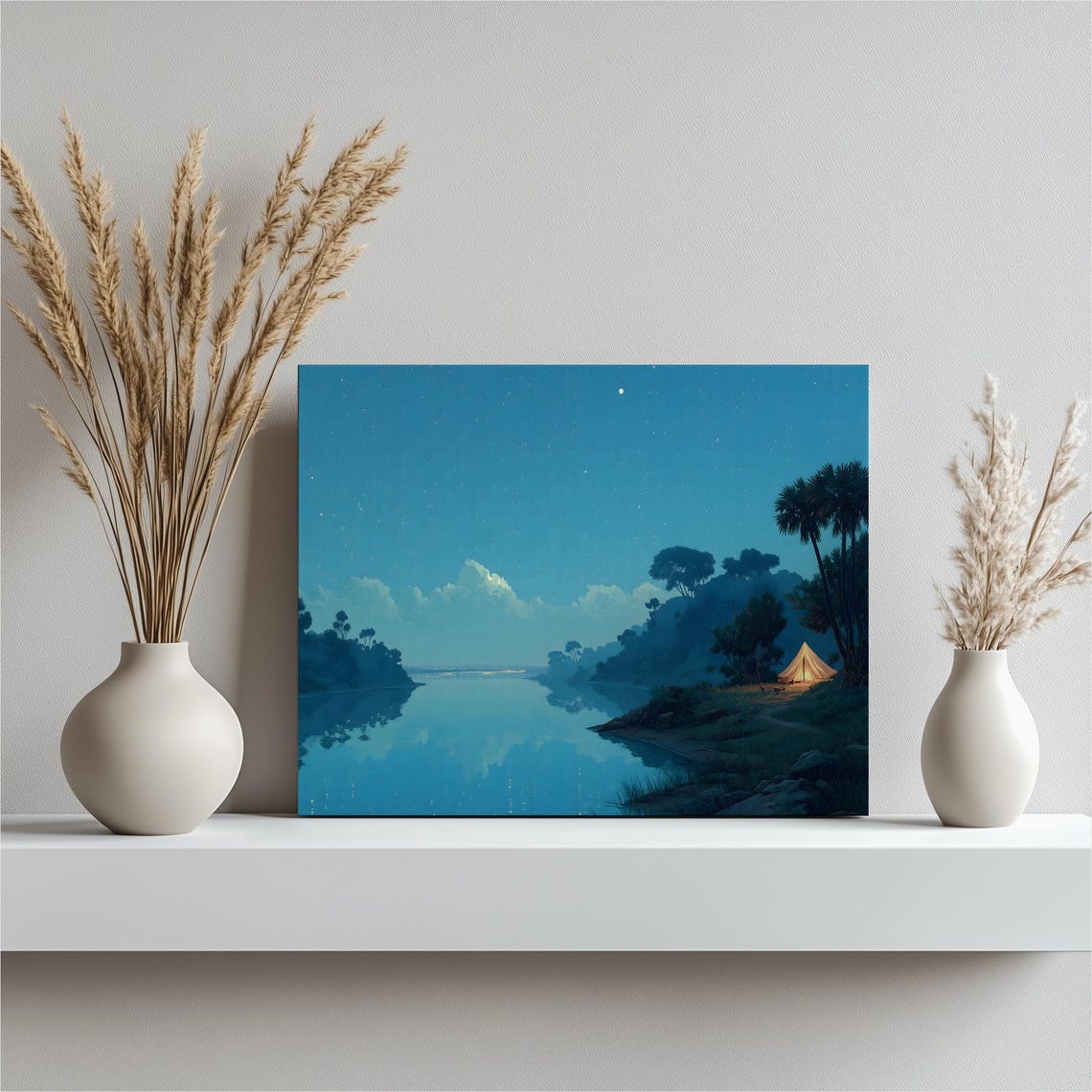 Starry Night Riverside Camping Tent Under Moonlight Canvas Wall Art