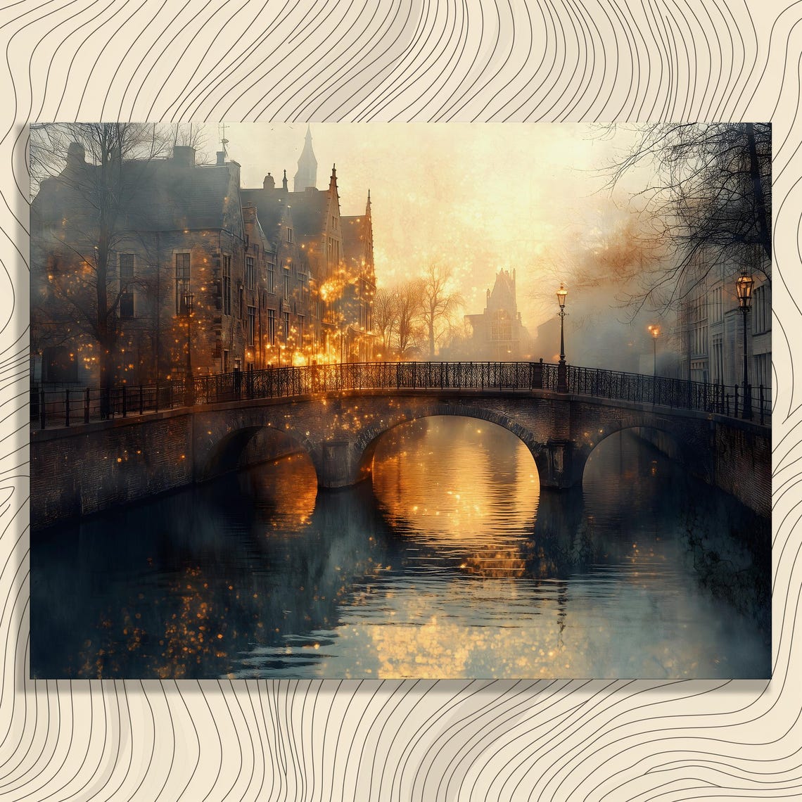 Old Town Canal Stone Bridge Sunset Golden Reflection Painting Poster