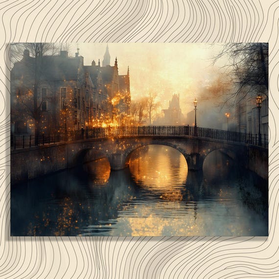 Serene Sunset Canvas Wall Art Vintage Impressionist Light Reflection Landscape Painting Decor Print Bridge Canal Scene