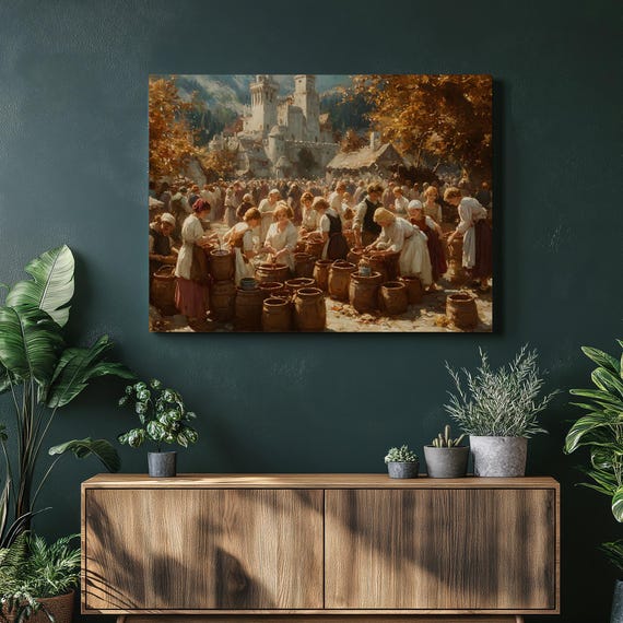 Medieval Village Harvest Canvas Wall Art Rustic Decor Autumn Scenery Vintage Inspired Print Impressionist Market Painting Barrels
