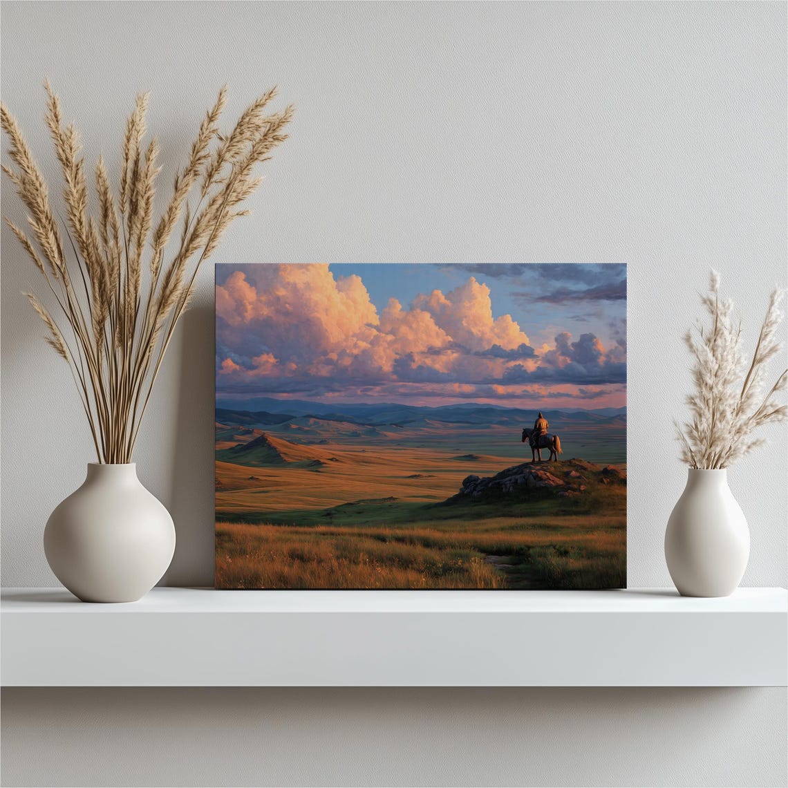 Sunset Horse Rider on Rocky Prairie Golden Sky Western Wall Art