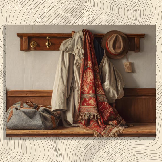 Traditional Coat Rack Canvas Wall Art Rustic Farmhouse Realistic Painting With Bench Shawl Hat Cozy Home Decor Large Print