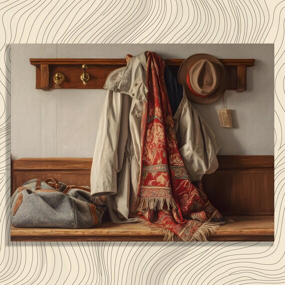 Vintage Coat Rack Rustic Entryway Hat Scarf Farmhouse Art Poster